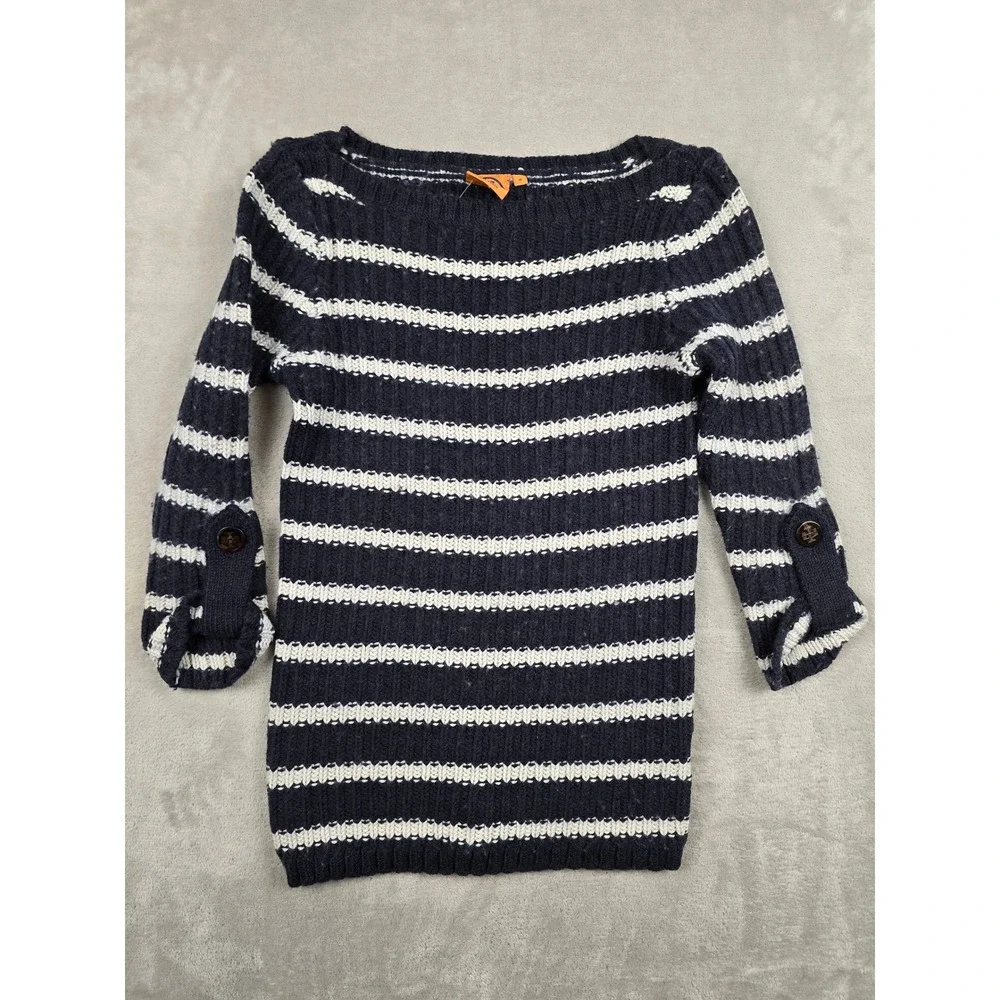 Tory Burch Sweater Womens M Fit S Navy White Striped Wool Blend Half 3/4 Sleeve